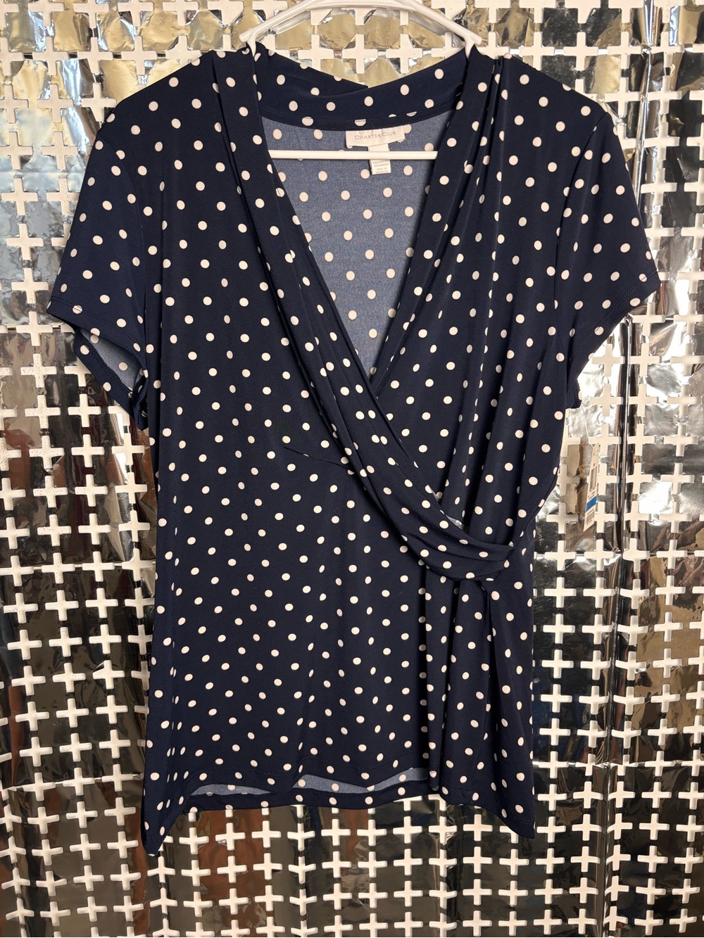 Charter Club Navy Polka Dot Faux-Wrap Short Sleeve Blouse